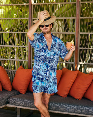Kenny Flowers mens honu blue short sleeve button down hawaiian shirt in collaboration with Mauna Kea