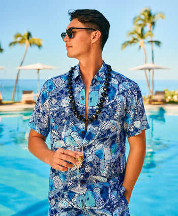 Kenny Flowers mens honu blue short sleeve button down hawaiian shirt in collaboration with Mauna Kea 