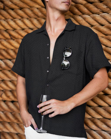 Kenny Flowers mens short sleeve black woven thatched cotton button down shirt
