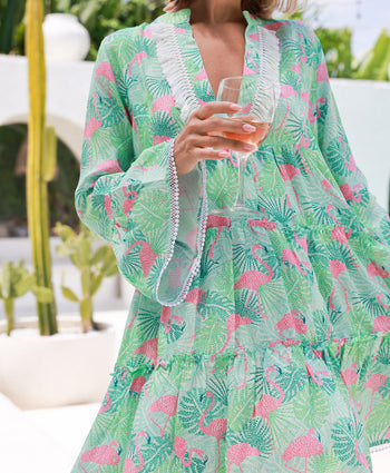 Kenny Flowers Sunshine State womens tunic tiered mini resort dress green and pink flamingo