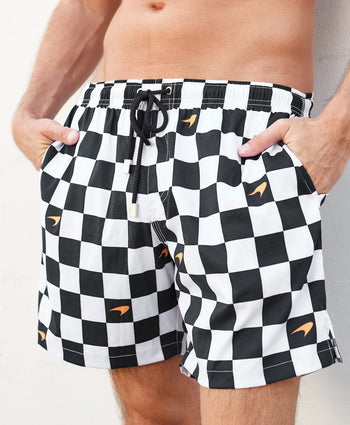 Kenny Flowers x McLaren mens checkered flag black and white mens swim trunks f1 formula one outfits, miami grand prix outfit