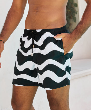 Kenny Flowers mens black and white wavy stripe uluwatu swim trunks