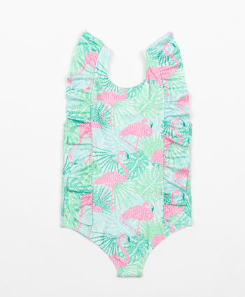 Kenny Flowers girls green and pink flamingo ruffle one piece swim suit