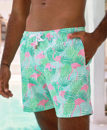 Kenny Flowers sunshine state mens green and pink flamingo swim trunk
