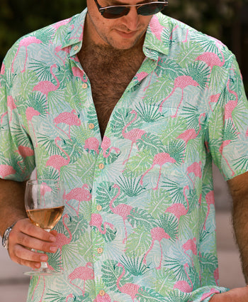 Kenny Flowers sunshine state mens short sleeve button down green and pink flamingo hawaiian shirt
