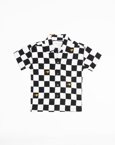 Kenny Flowers x McLaren boys short sleeve button down checkered flag black and white hawaiian shirt kids matching family f1 formula one outfits, miami grand prix outfit