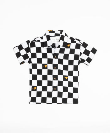 Kenny Flowers x McLaren boys short sleeve button down checkered flag black and white hawaiian shirt kids matching family f1 formula one outfits, miami grand prix outfit