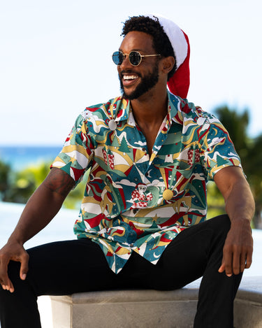 Kenny Flowers Men's short sleeve button down santa cabana hawaiian shirt with matching swim trunks, holiday vacation outfits