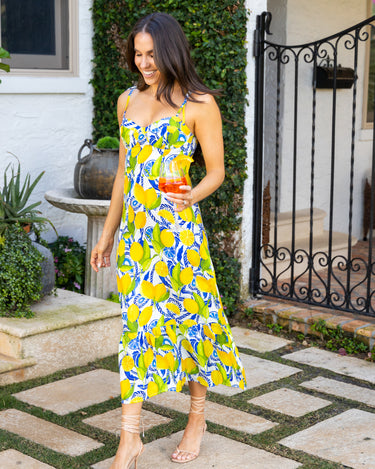 Kenny Flowers womens yellow positano lemon silk sweetheart maxi dress with smocked back and tie straps