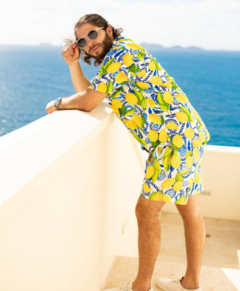 Mens short sleeve button down yellow lemon print hawaiian shirt amalfi