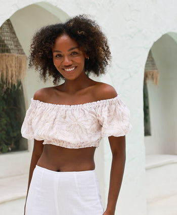 vacation crop top natural palm fronds goes with white linen summer pants