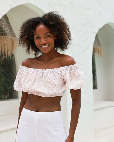vacation crop top natural palm fronds goes with white linen summer pants