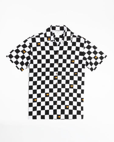 Kenny Flowers x McLaren mens short sleeve button down checkered flag black and white hawaiian shirt f1 formula one outfits, miami grand prix outfit