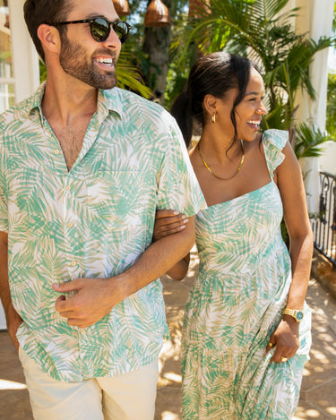 mens green fronds short sleeve button down hawaiian shirt matching couples resortwear, womens green fronds ruffle strap resort dress