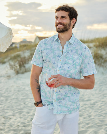 Kenny Flowers The Nanshucket mens short sleeve button down cotton slim fit seafoam oysters shirt, outfits to wear in Nantucket