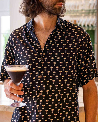 Kenny Flowers mens short sleeve button down espresso martini hawaiian shirt the buzz around town