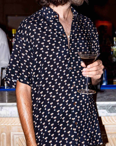 Kenny Flowers mens short sleeve button down espresso martini hawaiian shirt the buzz around town