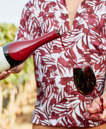 Mens deep red short sleeve button down hawaiian shirt in collaboration with belle glos winery pinot noir