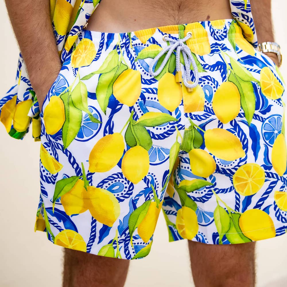 The Bossitano - Lemon Print Designer Swim Trunks by Kenny Flowers