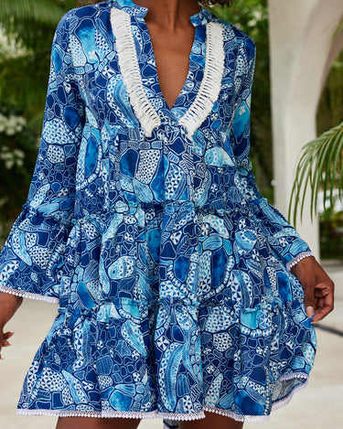 Kenny Flowers womens blue honu long sleeve tiered tunic mini dress in collaboration with Mauna Kea