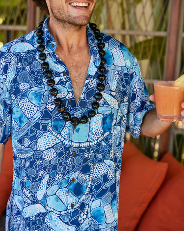 Kenny Flowers mens honu blue short sleeve button down hawaiian shirt in collaboration with Mauna Kea