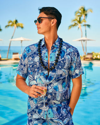 Kenny Flowers mens honu blue short sleeve button down hawaiian shirt in collaboration with Mauna Kea 