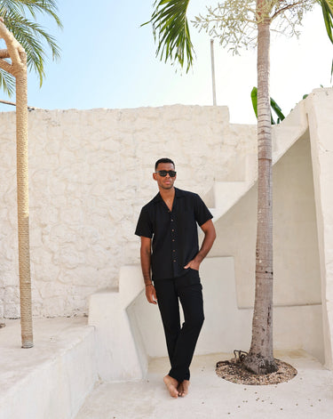 Light Gray The Mykonos - Black Linen Camp Collar Shirt