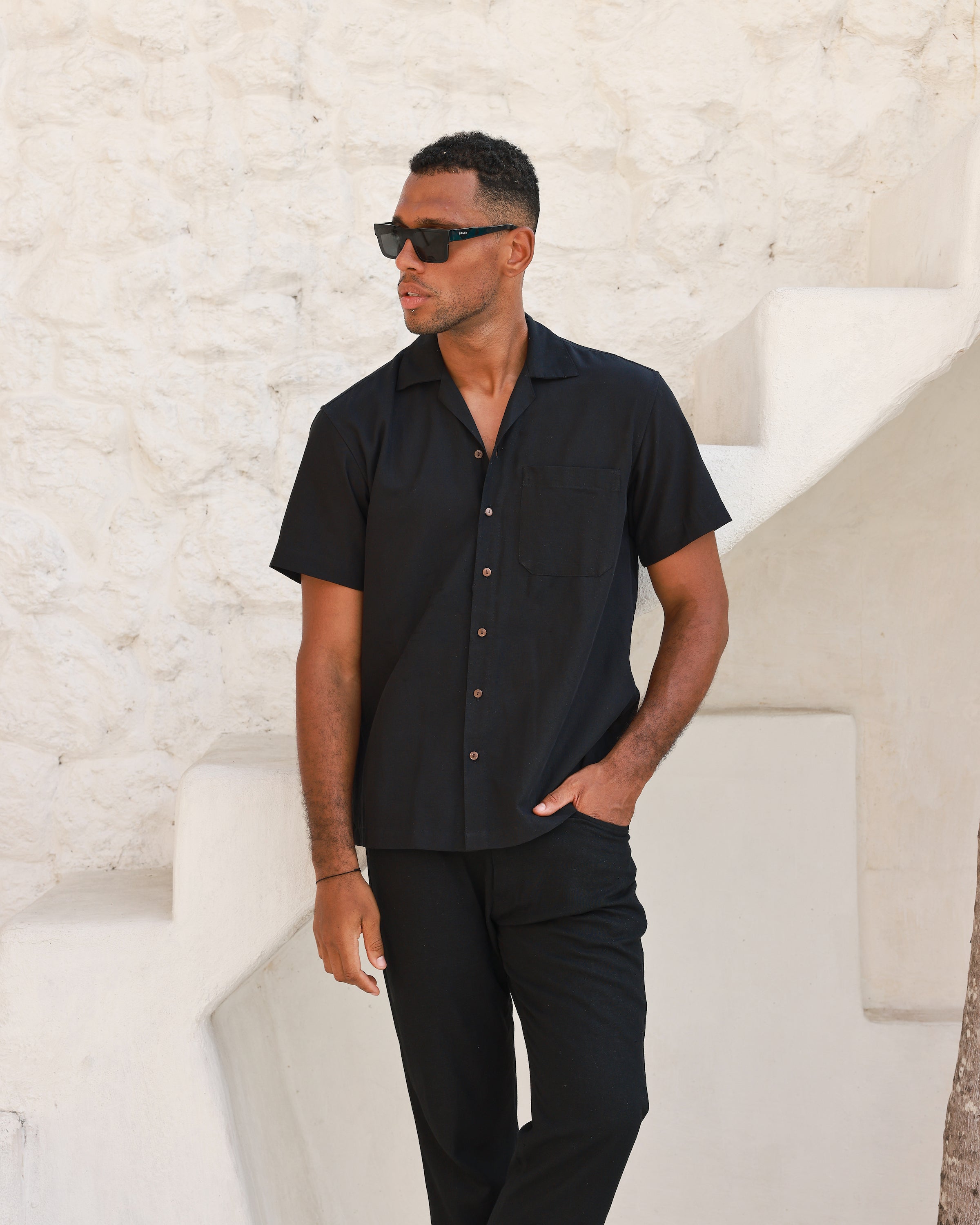 The Mykonos - Black Linen Camp Collar Shirt - Black / XXL / Slim Fit The Mykonos - Black Linen Camp Collar Shirt - Black / XXL / Slim Fit