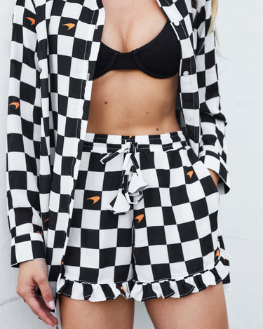 Kenny Flowers x McLaren womens checkered flag black and white resort shorts f1 formula one outfits, miami grand prix outfit
