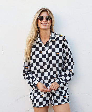 Kenny Flowers x McLaren ladies long sleeve button down checkered flag black and white resort shirt f1 formula one outfits, miami grand prix outfit