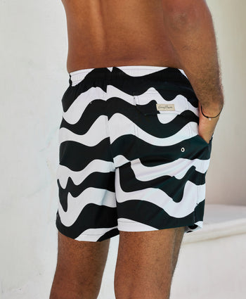 Kenny Flowers mens black and white wavy stripe uluwatu swim trunks