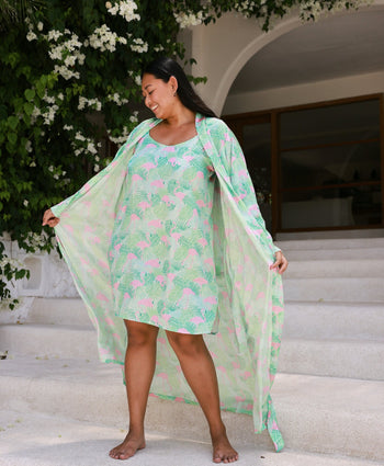 Kenny Flowers womens green and pink flamingo silky pajama robe