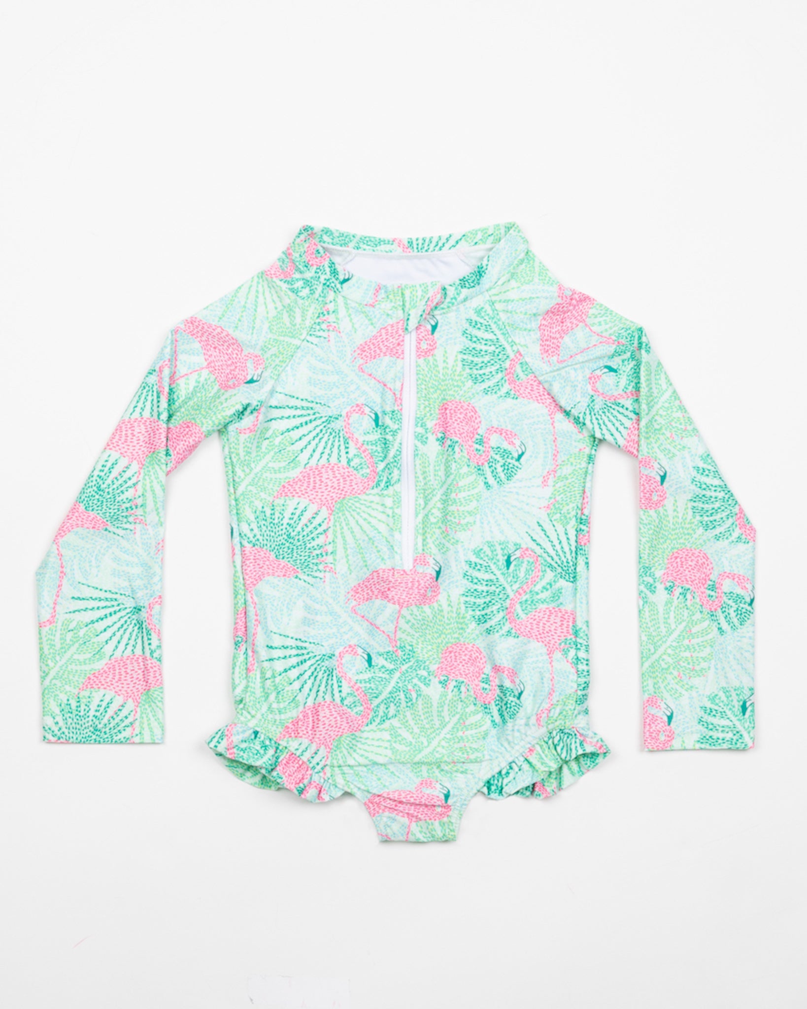Kenny Flowers little girls long sleeve green and pink flamingo rash guard one piece swim suit