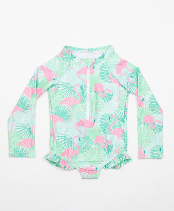 Kenny Flowers little girls long sleeve green and pink flamingo rash guard one piece swim suit