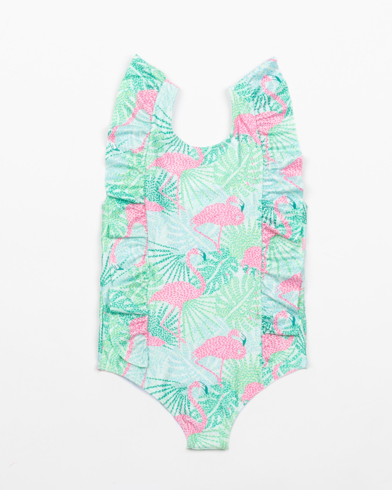 Kenny Flowers girls green and pink flamingo ruffle one piece swim suit