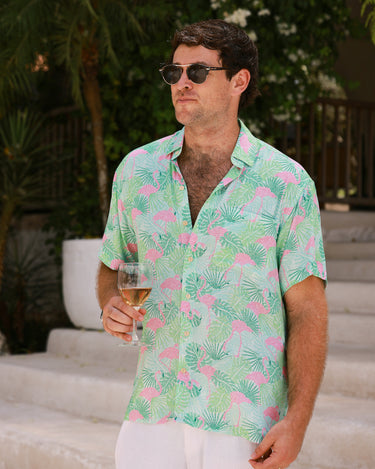 Kenny Flowers sunshine state mens short sleeve button down green and pink flamingo hawaiian shirt