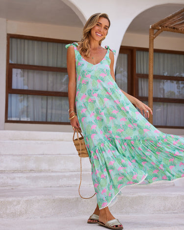 Kenny Flowers womens vacation green and pink flamingo maxi dress