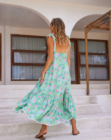 Kenny Flowers womens vacation green and pink flamingo maxi dress