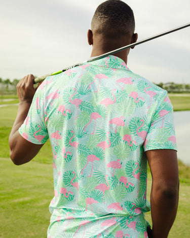 Kenny Flowers country club mens golf polo sunshine state with pink flamingos