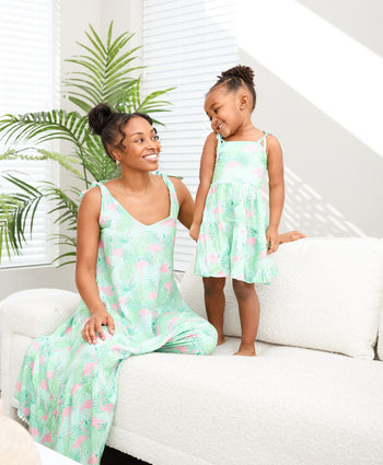 Kenny Flowers girls green and pink flamingo resort dress matching mommy daughter outfit