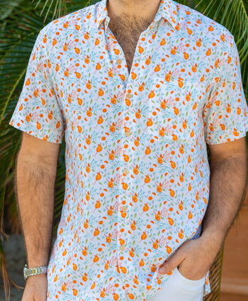 Kenny Flowers The Seaside Spritz mens white button down short sleeve hawaiian shirt, orange aperol spritz print, destination wedding guest outfits