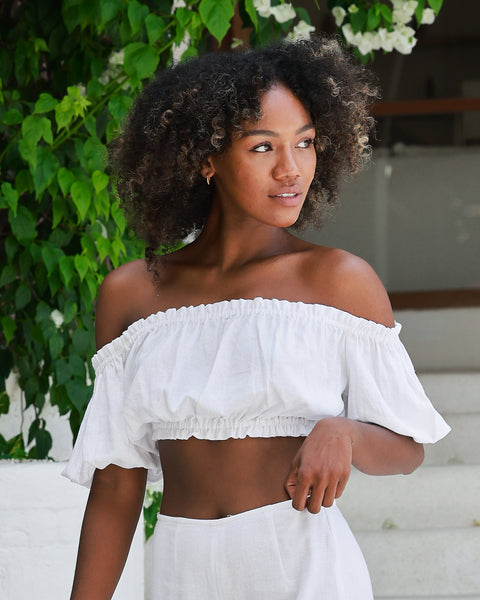 Linen Off The Shoulder Ruffle Crop Top Women's White Linen Off-the