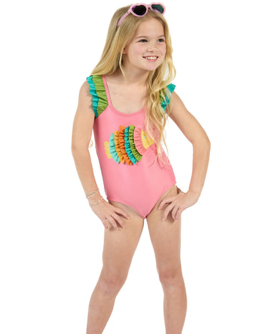 The Coral Reef Ruffle - Little Girls Pink Fish One Piece