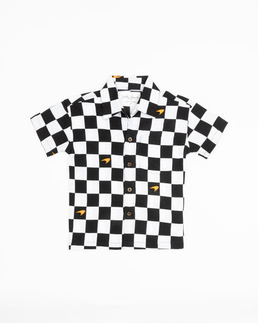 Kenny Flowers x McLaren boys short sleeve button down checkered flag black and white hawaiian shirt kids matching family f1 formula one outfits, miami grand prix outfit