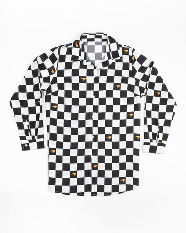 Kenny Flowers x McLaren ladies long sleeve button down checkered flag black and white resort shirt f1 formula one outfits, miami grand prix outfit