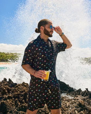 Kenny Flowers mens open bar black short sleeve button down hawaiian shirt with drink umbrellas print