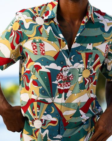 Kenny Flowers Men's short sleeve button down santa cabana hawaiian shirt with matching swim trunks, holiday vacation outfits 