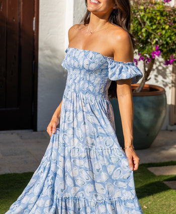 Kenny Flowers The Nantucket womens blue oysters smocked maxi dress, outfits to wear in Nantucket