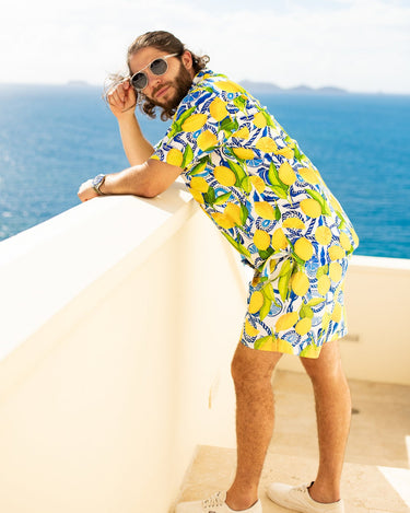 Mens short sleeve button down yellow lemon print hawaiian shirt amalfi