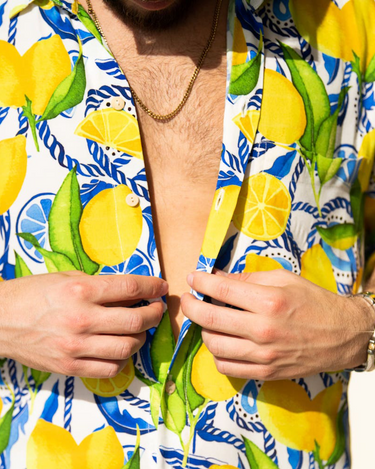 Mens short sleeve button down yellow lemon print hawaiian shirt amalfi